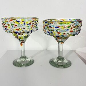 Confetti Margarita Glasses Hand Blown Fused Textured Mexico 14oz Set Of 2‎